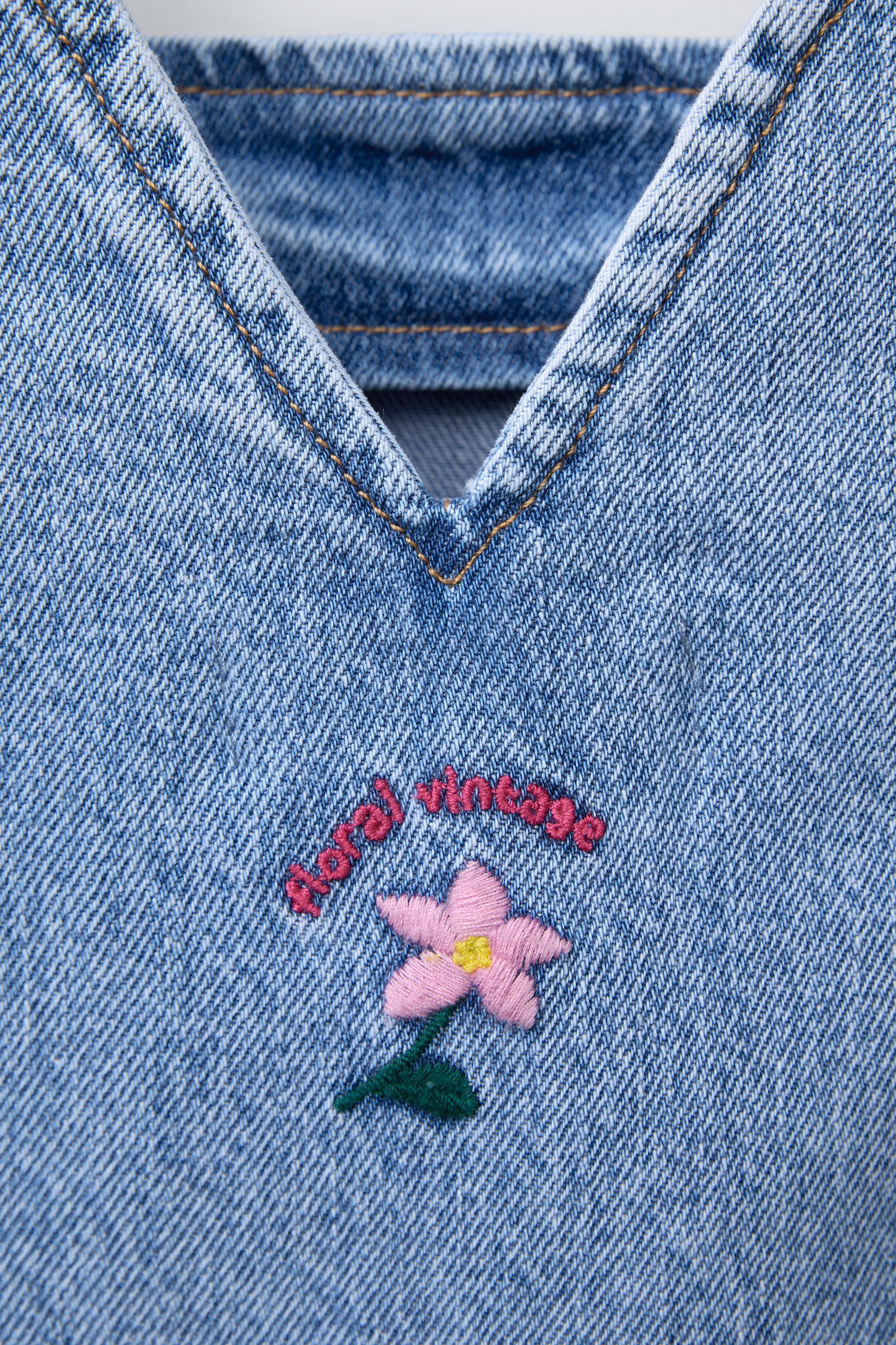 EMBROIDERED FLORAL DENIM PINAFORE DRESS